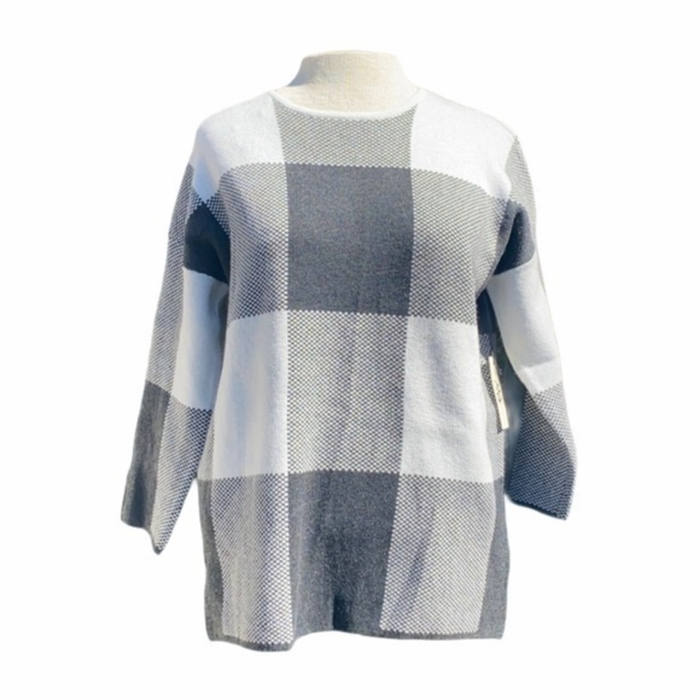 Max Studio sweater blouse gray/white squares XS